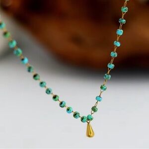 Gold Plated Teardrop Necklace w/Green Beads & Gold Accents  NWT
